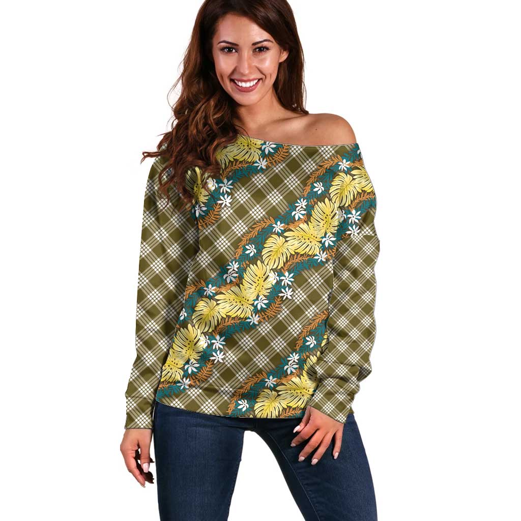 Polynesian Monstera Tiare Floral Off Shoulder Sweater Yellow Tropical Plaid - Polynesian Pride