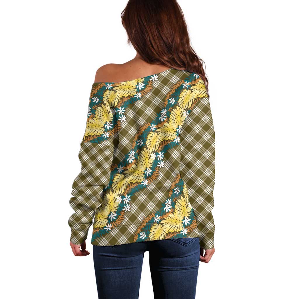 Polynesian Monstera Tiare Floral Off Shoulder Sweater Yellow Tropical Plaid - Polynesian Pride