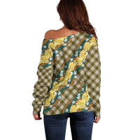 Polynesian Monstera Tiare Floral Off Shoulder Sweater Yellow Tropical Plaid - Polynesian Pride
