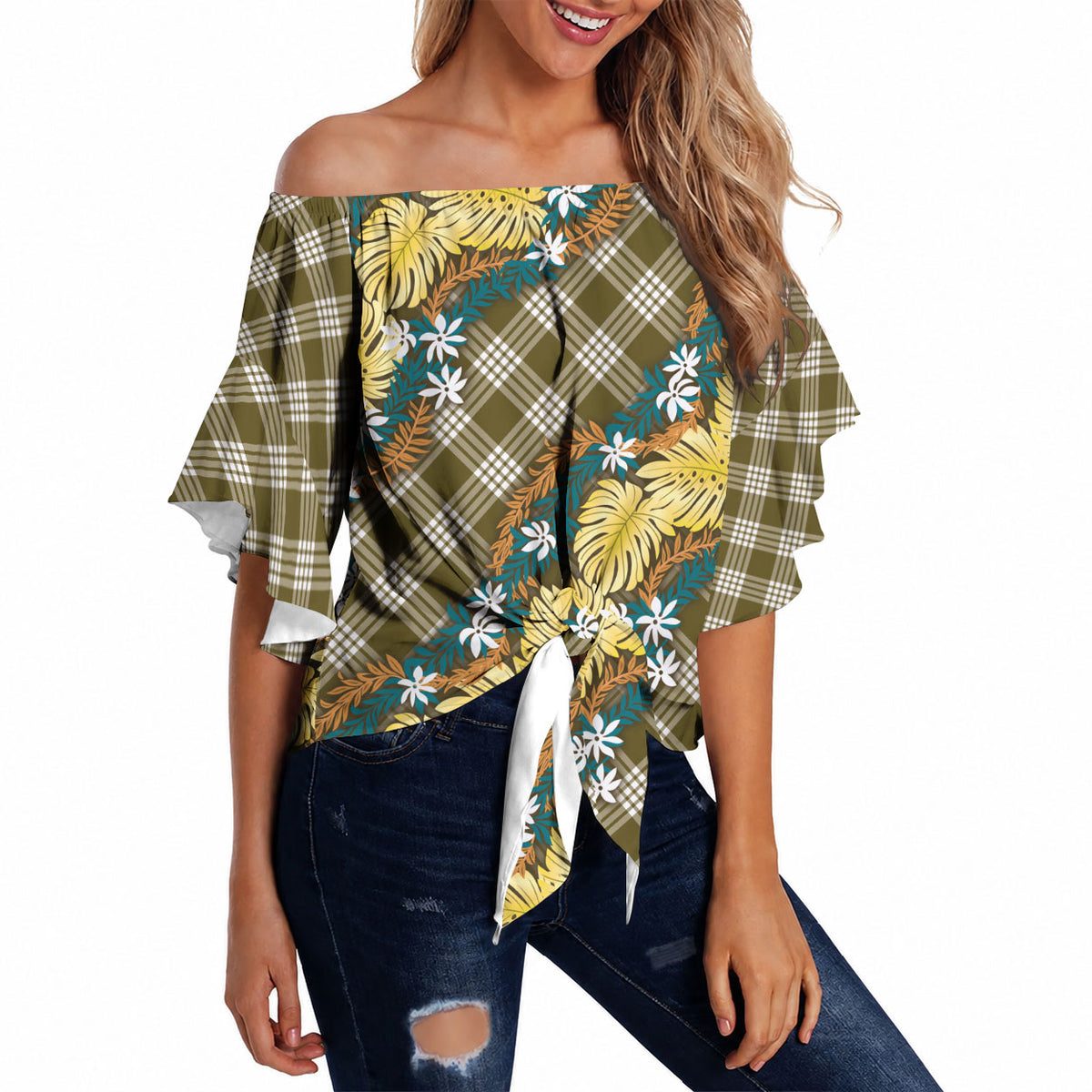Polynesian Monstera Tiare Floral Off Shoulder Wrap Waist Top Yellow Tropical Plaid LT01 - Polynesian Pride