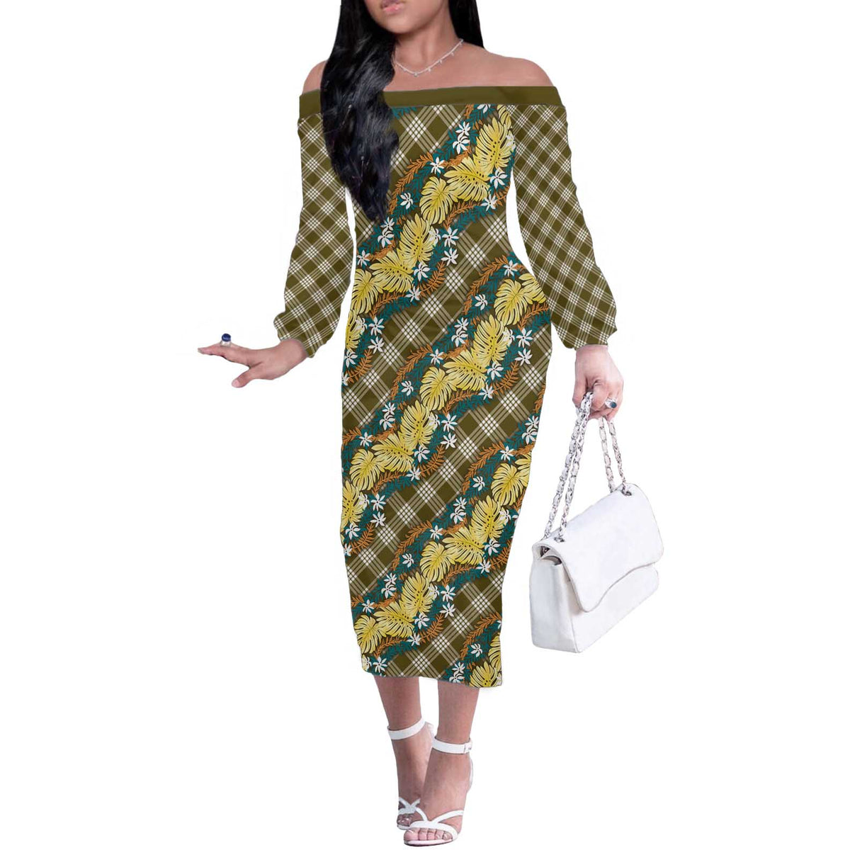 Polynesian Monstera Tiare Floral Off The Shoulder Long Sleeve Dress Yellow Tropical Plaid - Polynesian Pride