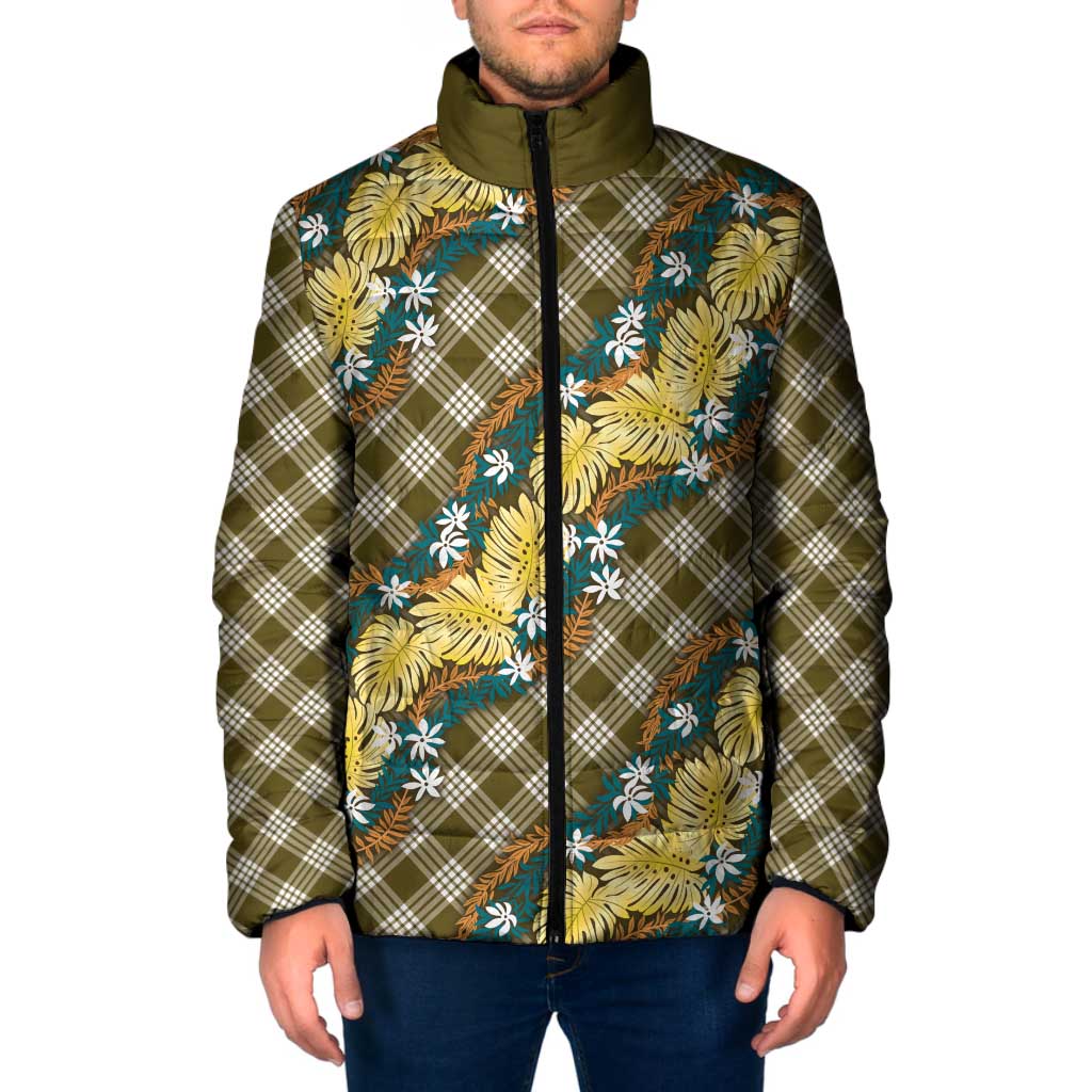 Polynesian Monstera Tiare Floral Padded Jacket Yellow Tropical Plaid - Polynesian Pride