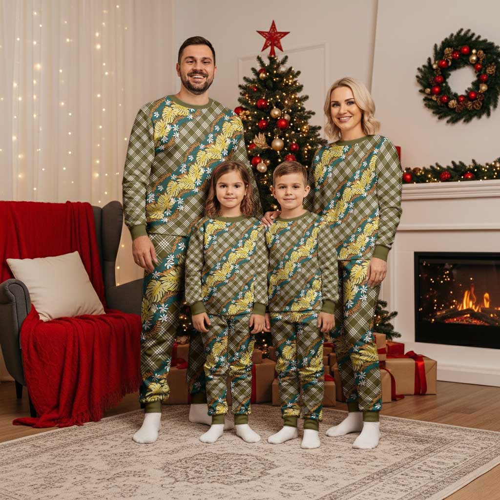 Polynesian Monstera Tiare Floral Christmas Pajama Set Yellow Tropical Plaid - Polynesian Pride