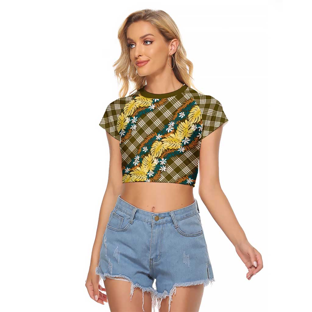 Polynesian Monstera Tiare Floral Raglan Cropped T Shirt Yellow Tropical Plaid - Polynesian Pride