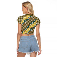 Polynesian Monstera Tiare Floral Raglan Cropped T Shirt Yellow Tropical Plaid - Polynesian Pride
