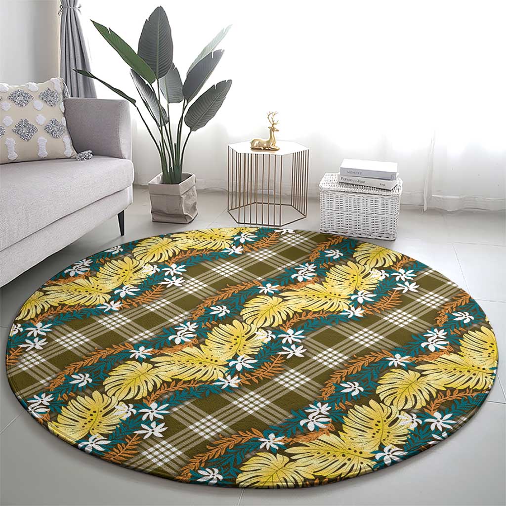 Polynesian Monstera Tiare Floral Round Carpet Yellow Tropical Plaid - Polynesian Pride