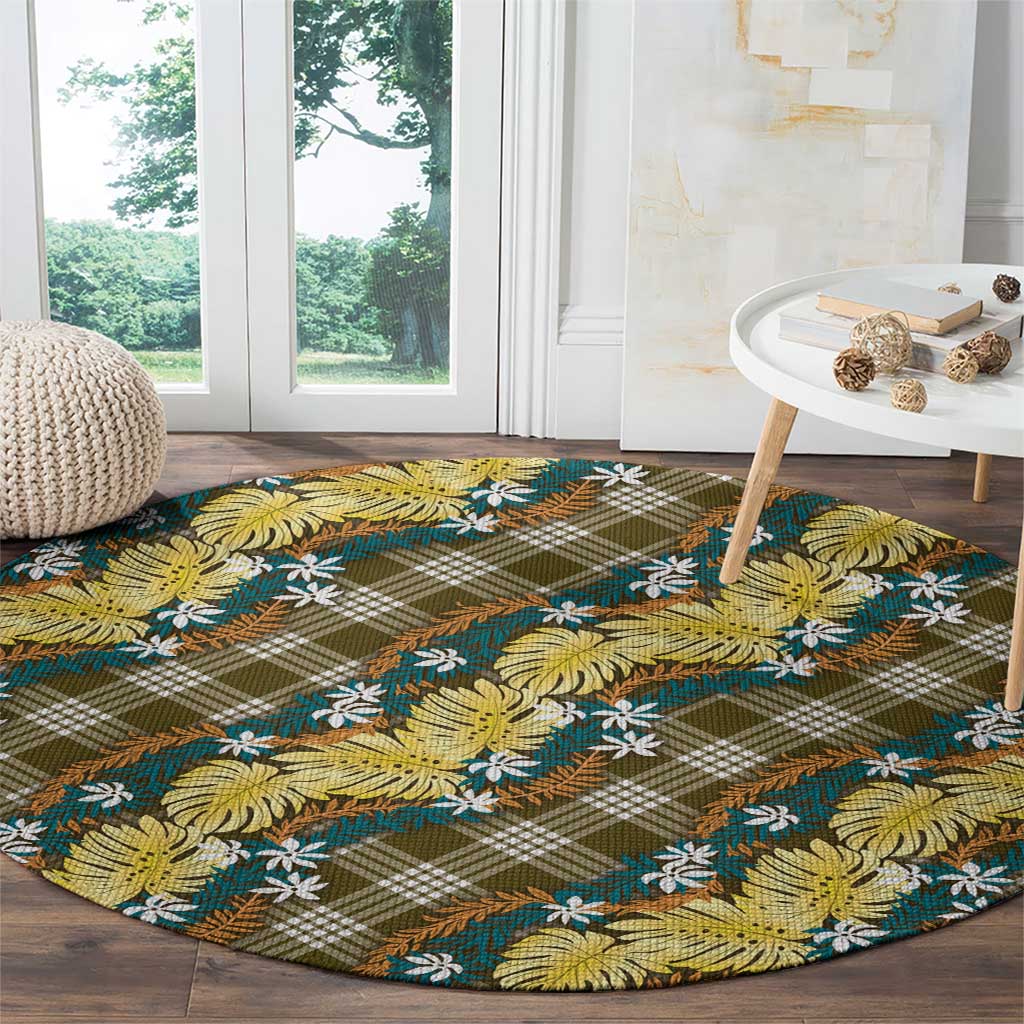 Polynesian Monstera Tiare Floral Round Carpet Yellow Tropical Plaid - Polynesian Pride