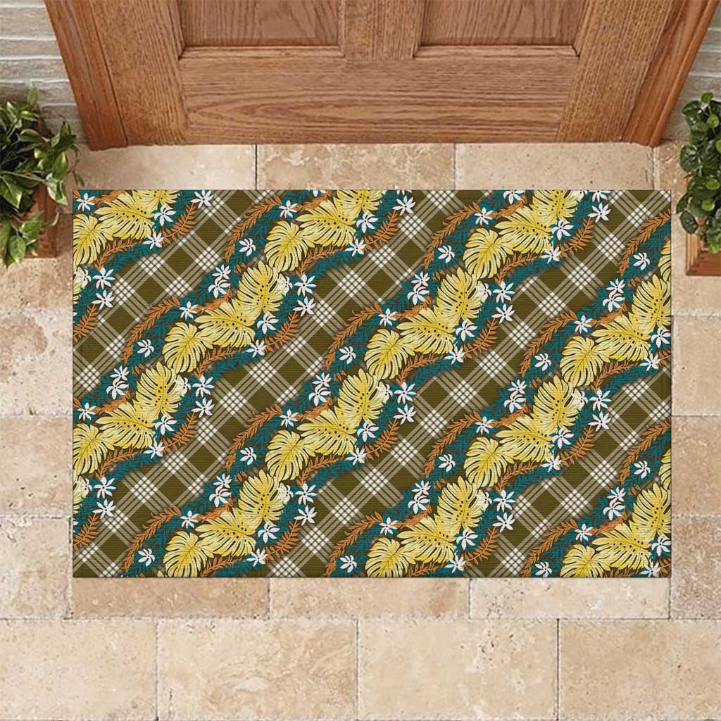 Polynesian Monstera Tiare Floral Rubber Doormat Yellow Tropical Plaid - Polynesian Pride