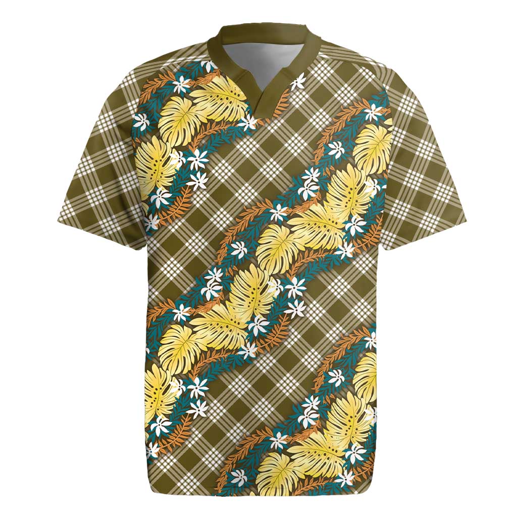 Polynesian Monstera Tiare Floral Rugby Jersey Yellow Tropical Plaid - Polynesian Pride
