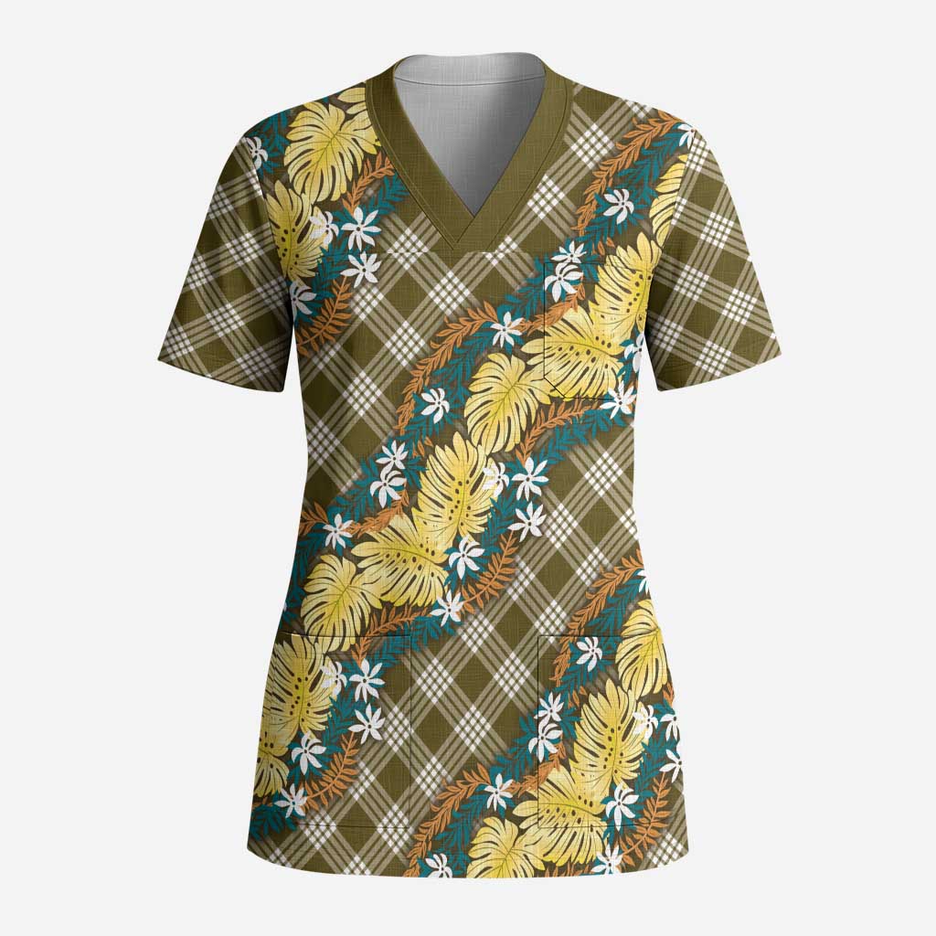 Polynesian Monstera Tiare Floral Scrub Top Yellow Tropical Plaid - Polynesian Pride