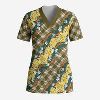 Polynesian Monstera Tiare Floral Scrub Top Yellow Tropical Plaid - Polynesian Pride