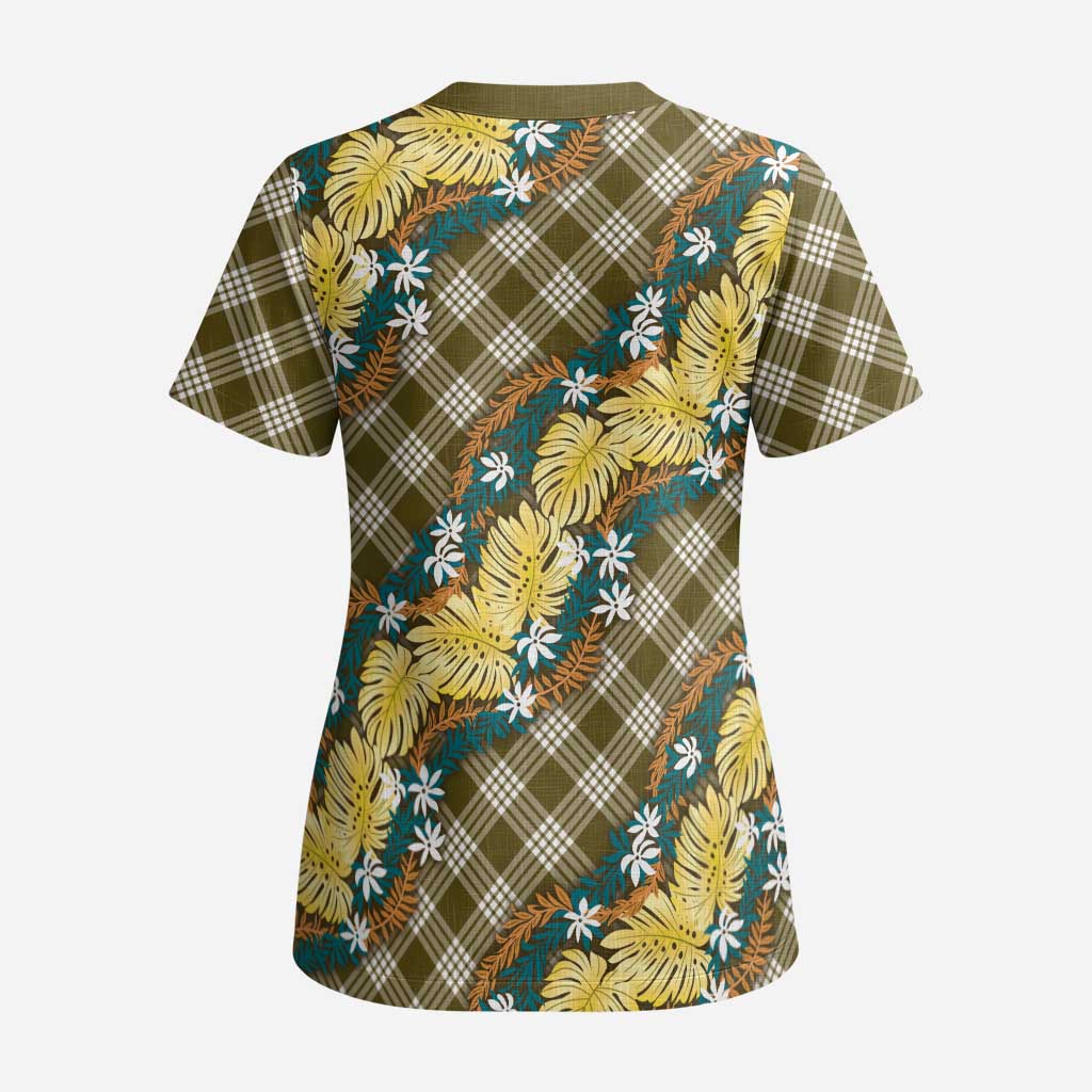 Polynesian Monstera Tiare Floral Scrub Top Yellow Tropical Plaid - Polynesian Pride