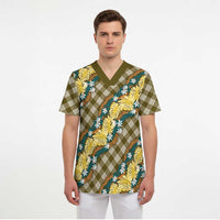 Polynesian Monstera Tiare Floral Scrub Top Yellow Tropical Plaid - Polynesian Pride
