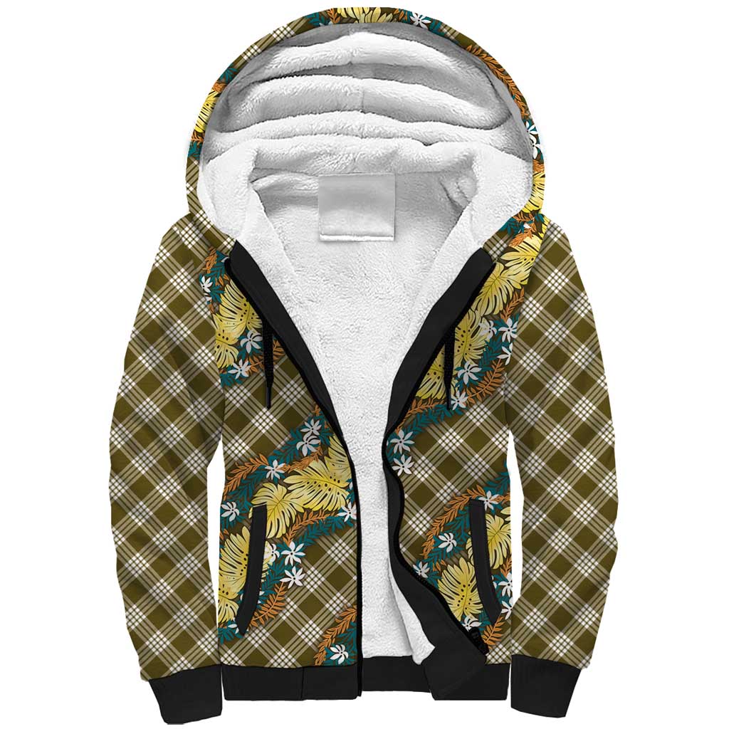Polynesian Monstera Tiare Floral Sherpa Hoodie Yellow Tropical Plaid - Polynesian Pride