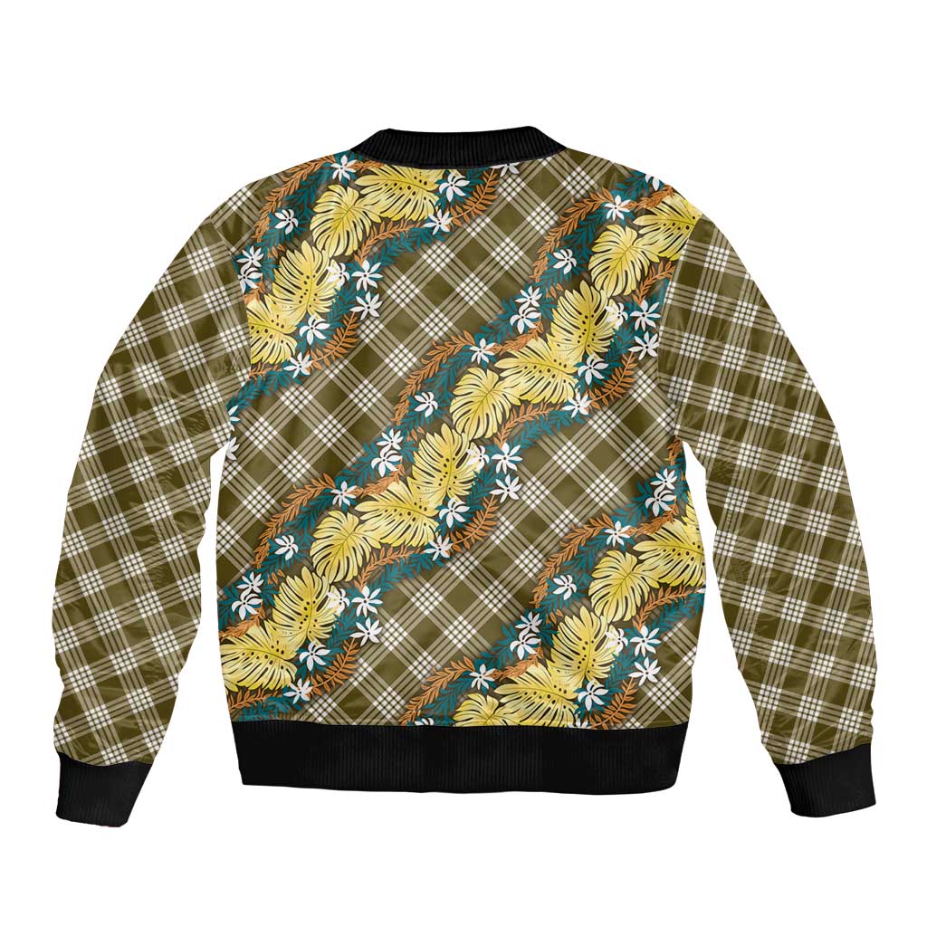 Polynesian Monstera Tiare Floral Sleeve Zip Bomber Jacket Yellow Tropical Plaid - Polynesian Pride