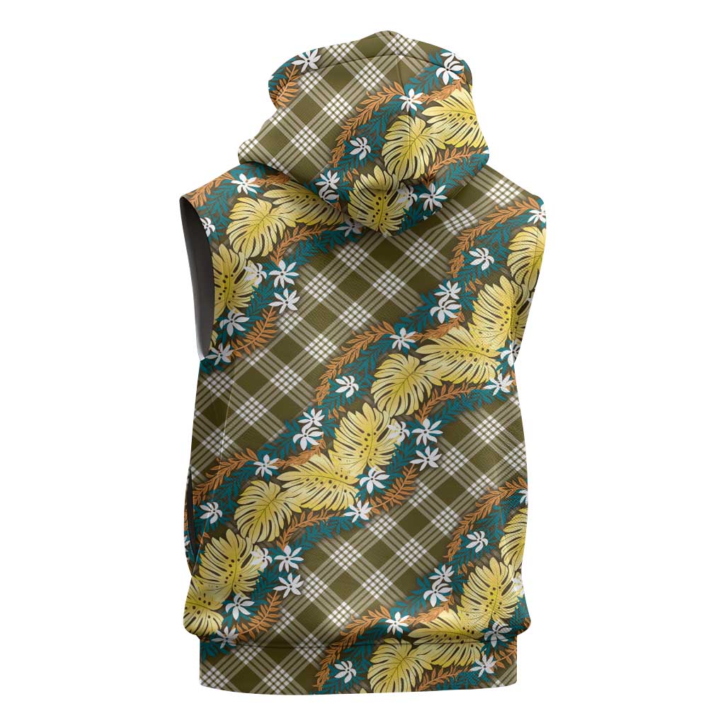 Polynesian Monstera Tiare Floral Sleeveless Hoodie Yellow Tropical Plaid - Polynesian Pride