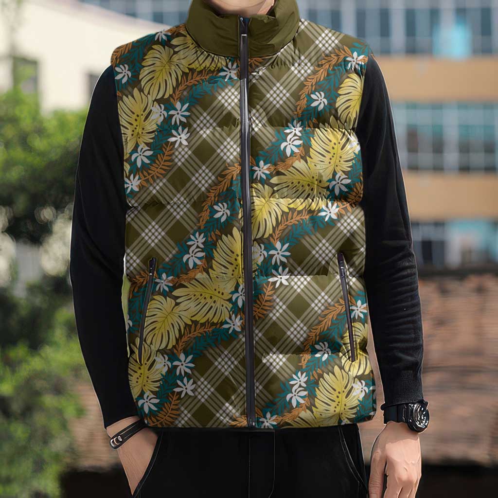 Polynesian Monstera Tiare Floral Sleeveless Puffer Jacket Yellow Tropical Plaid - Polynesian Pride