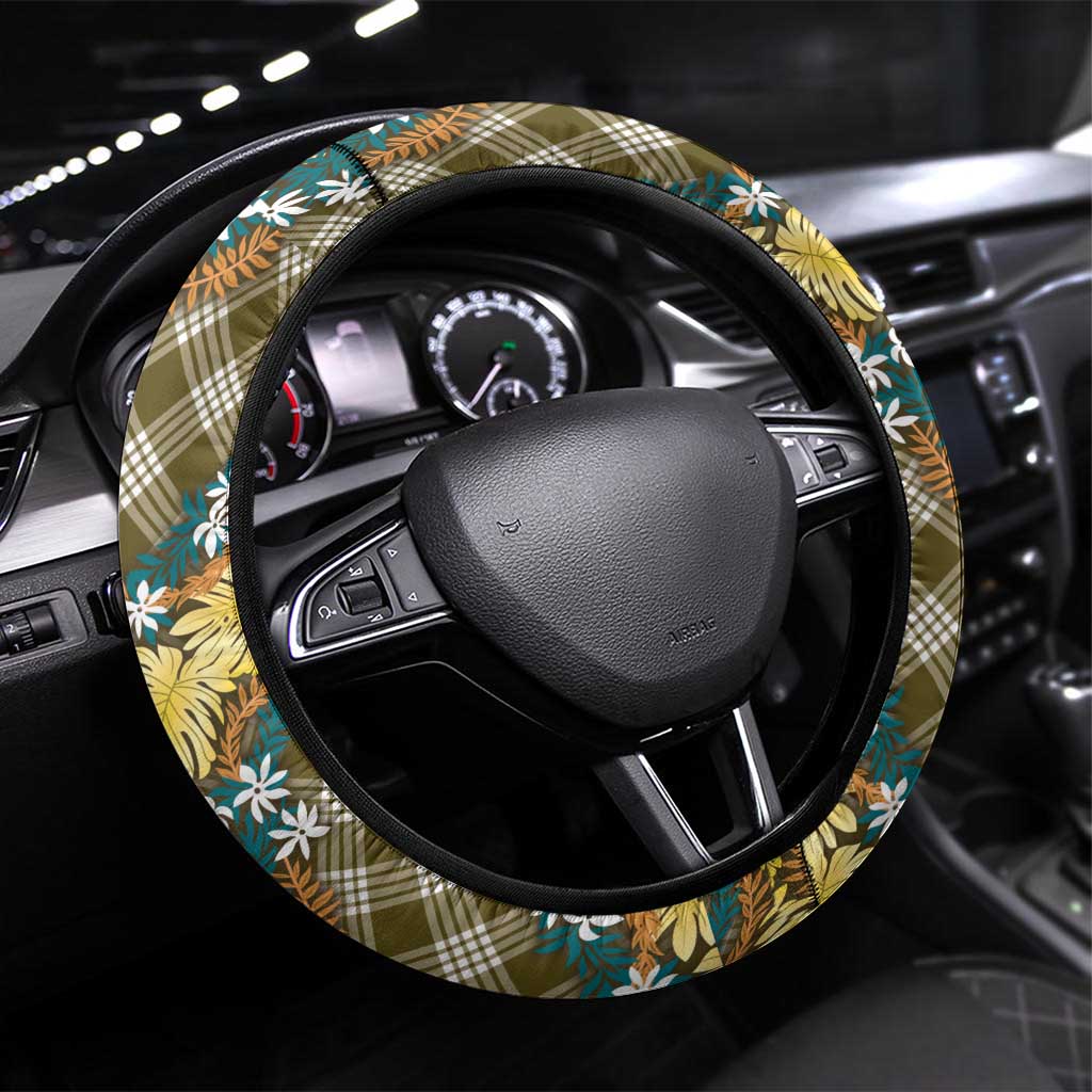 Polynesian Monstera Tiare Floral Steering Wheel Cover Yellow Tropical Plaid - Polynesian Pride