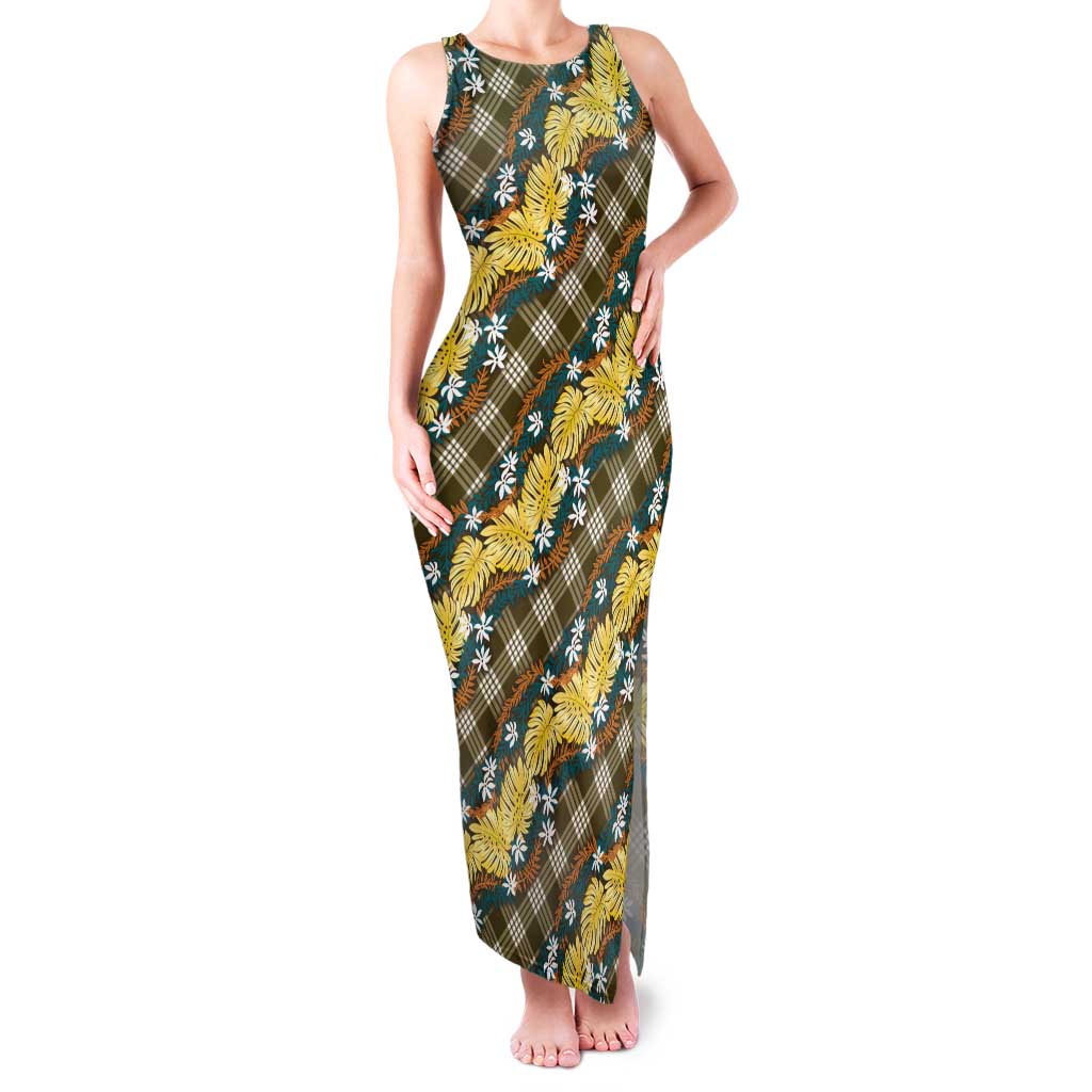 Polynesian Monstera Tiare Floral Tank Maxi Dress Yellow Tropical Plaid - Polynesian Pride