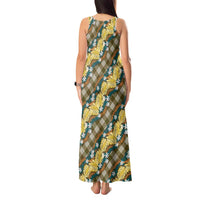 Polynesian Monstera Tiare Floral Tank Maxi Dress Yellow Tropical Plaid - Polynesian Pride