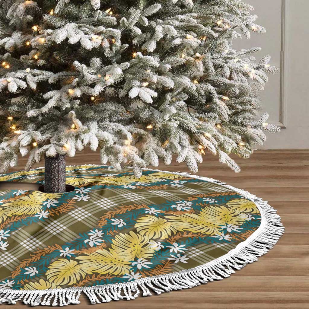 Polynesian Monstera Tiare Floral Tree Skirt Yellow Tropical Plaid - Polynesian Pride