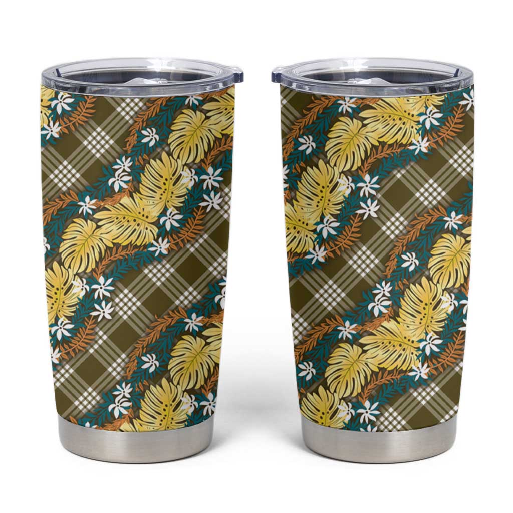 Polynesian Monstera Tiare Floral Tumbler Cup Yellow Tropical Plaid - Polynesian Pride