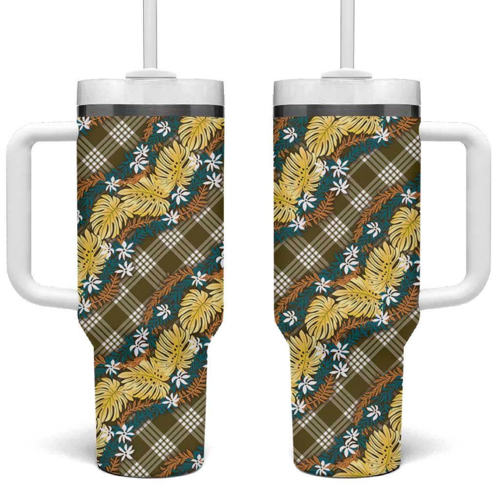 Polynesian Monstera Tiare Floral Tumbler With Handle Yellow Tropical Plaid - Polynesian Pride