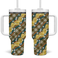 Polynesian Monstera Tiare Floral Tumbler With Handle Yellow Tropical Plaid - Polynesian Pride