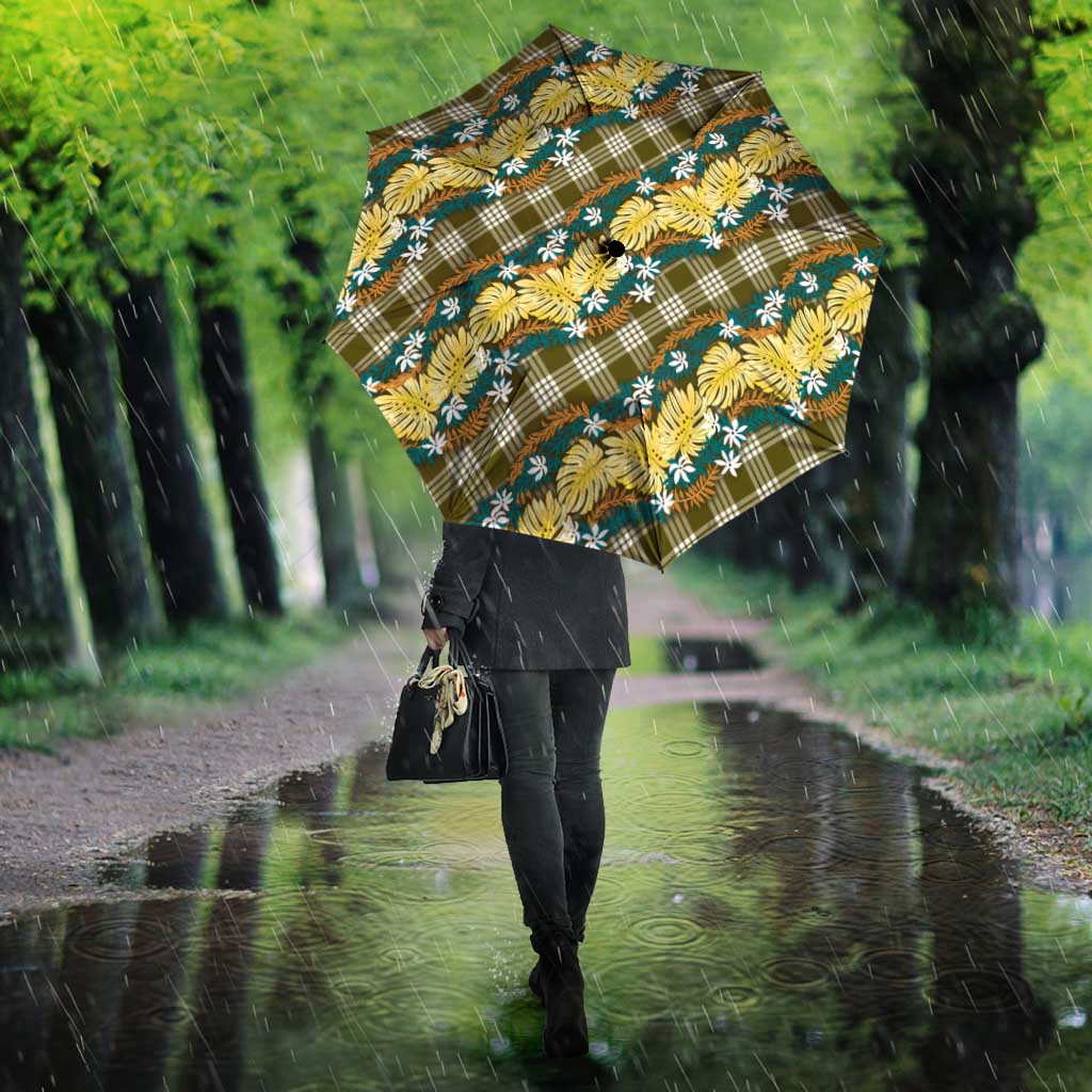 Polynesian Monstera Tiare Floral Umbrella Yellow Tropical Plaid - Polynesian Pride