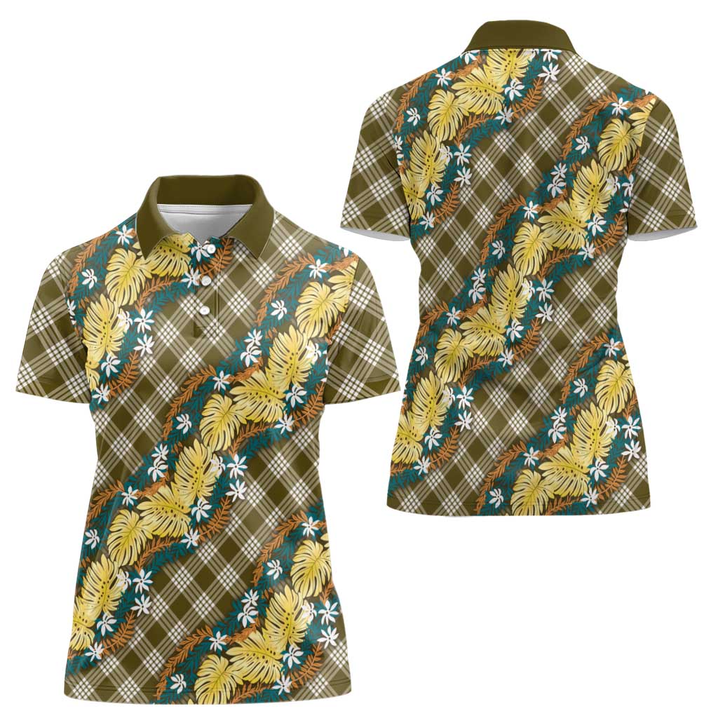 Polynesian Monstera Tiare Floral Women Polo Shirt Yellow Tropical Plaid - Polynesian Pride