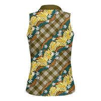 Polynesian Monstera Tiare Floral Women Sleeveless Polo Shirt Yellow Tropical Plaid - Polynesian Pride