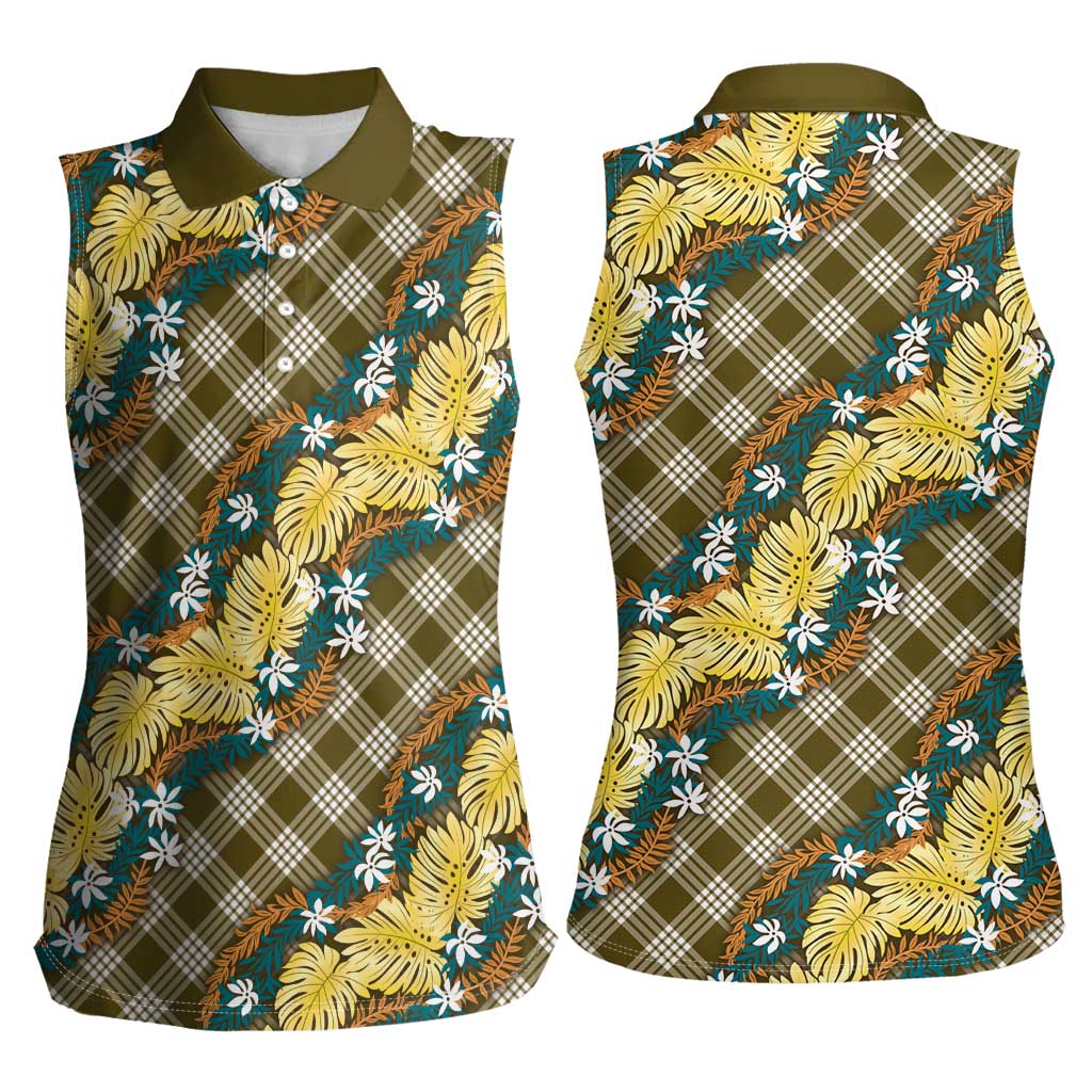 Polynesian Monstera Tiare Floral Women Sleeveless Polo Shirt Yellow Tropical Plaid - Polynesian Pride
