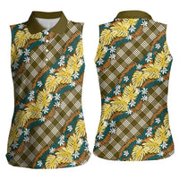 Polynesian Monstera Tiare Floral Women Sleeveless Polo Shirt Yellow Tropical Plaid - Polynesian Pride