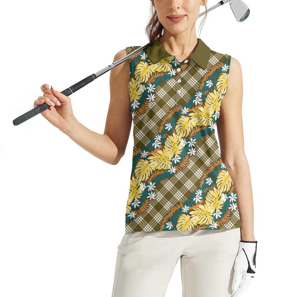 Polynesian Monstera Tiare Floral Women Sleeveless Polo Shirt Yellow Tropical Plaid - Polynesian Pride