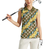 Polynesian Monstera Tiare Floral Women Sleeveless Polo Shirt Yellow Tropical Plaid - Polynesian Pride