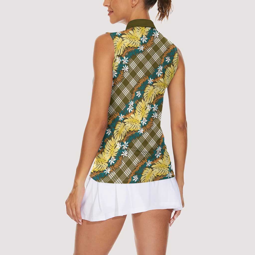 Polynesian Monstera Tiare Floral Women Sleeveless Polo Shirt Yellow Tropical Plaid - Polynesian Pride