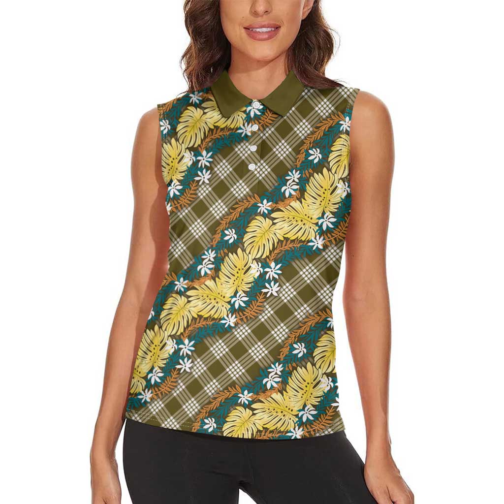 Polynesian Monstera Tiare Floral Women Sleeveless Polo Shirt Yellow Tropical Plaid - Polynesian Pride