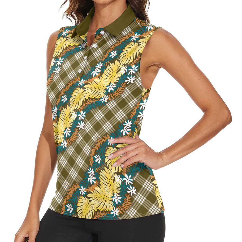 Polynesian Monstera Tiare Floral Women Sleeveless Polo Shirt Yellow Tropical Plaid - Polynesian Pride