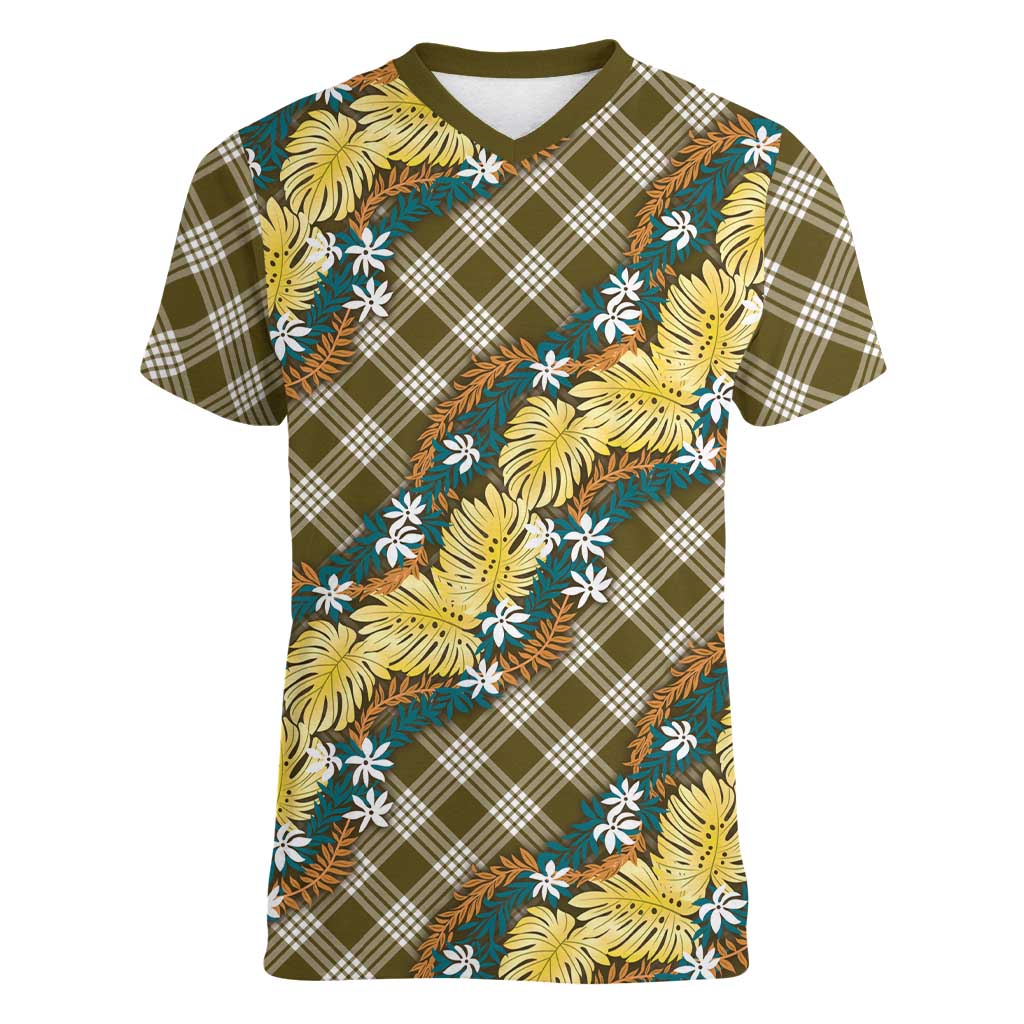 Polynesian Monstera Tiare Floral Women V-Neck T-Shirt Yellow Tropical Plaid - Polynesian Pride