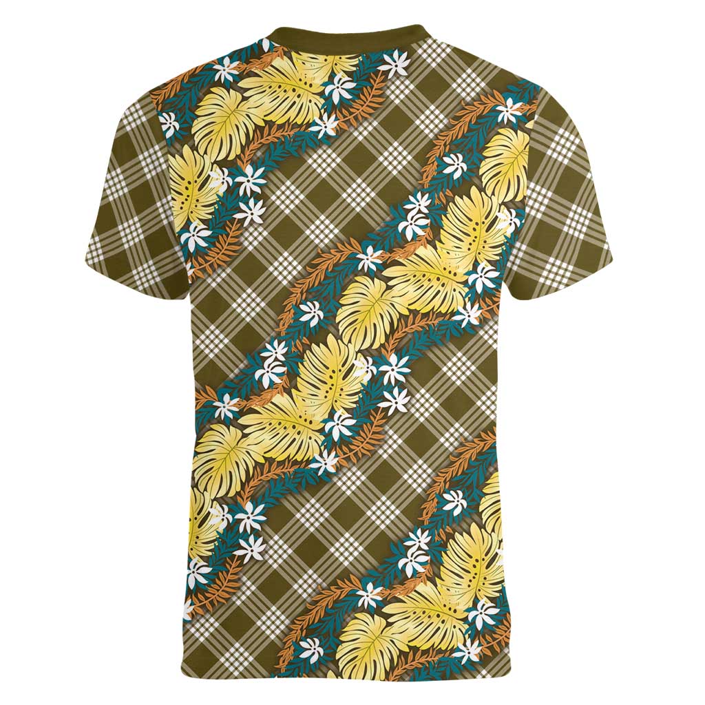 Polynesian Monstera Tiare Floral Women V-Neck T-Shirt Yellow Tropical Plaid - Polynesian Pride