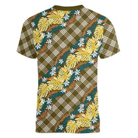 Polynesian Monstera Tiare Floral Women V-Neck T-Shirt Yellow Tropical Plaid - Polynesian Pride