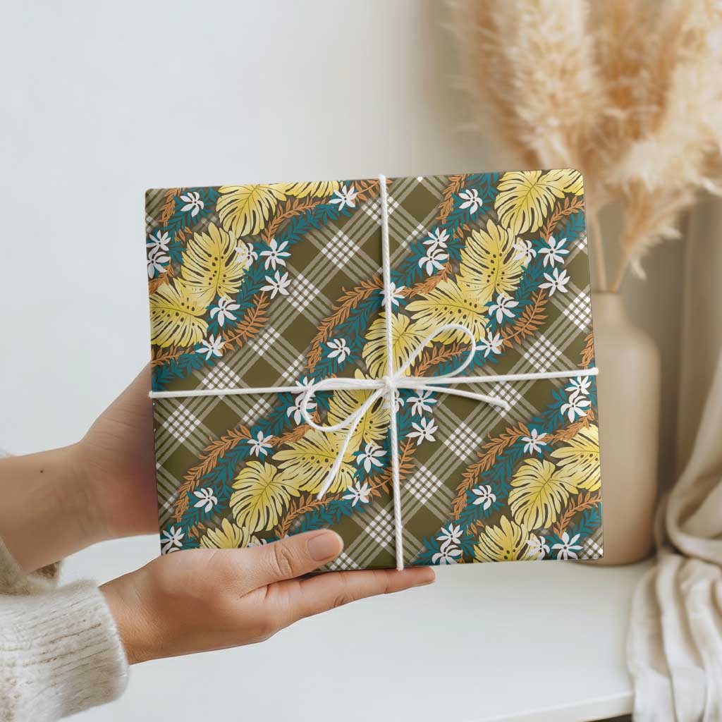 Polynesian Monstera Tiare Floral Wrapping Paper Yellow Tropical Plaid - Polynesian Pride