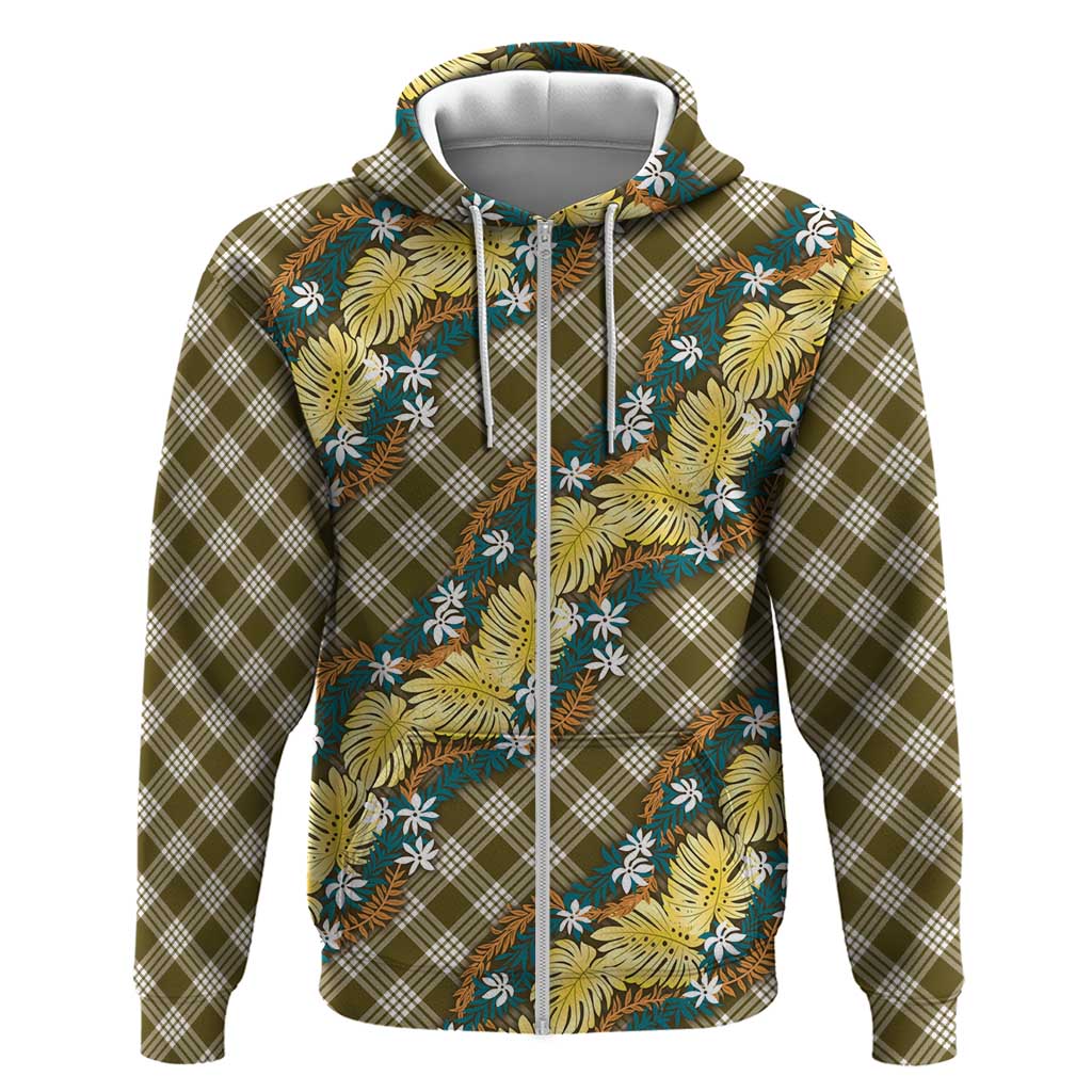 Polynesian Monstera Tiare Floral Zip Hoodie Yellow Tropical Plaid - Polynesian Pride
