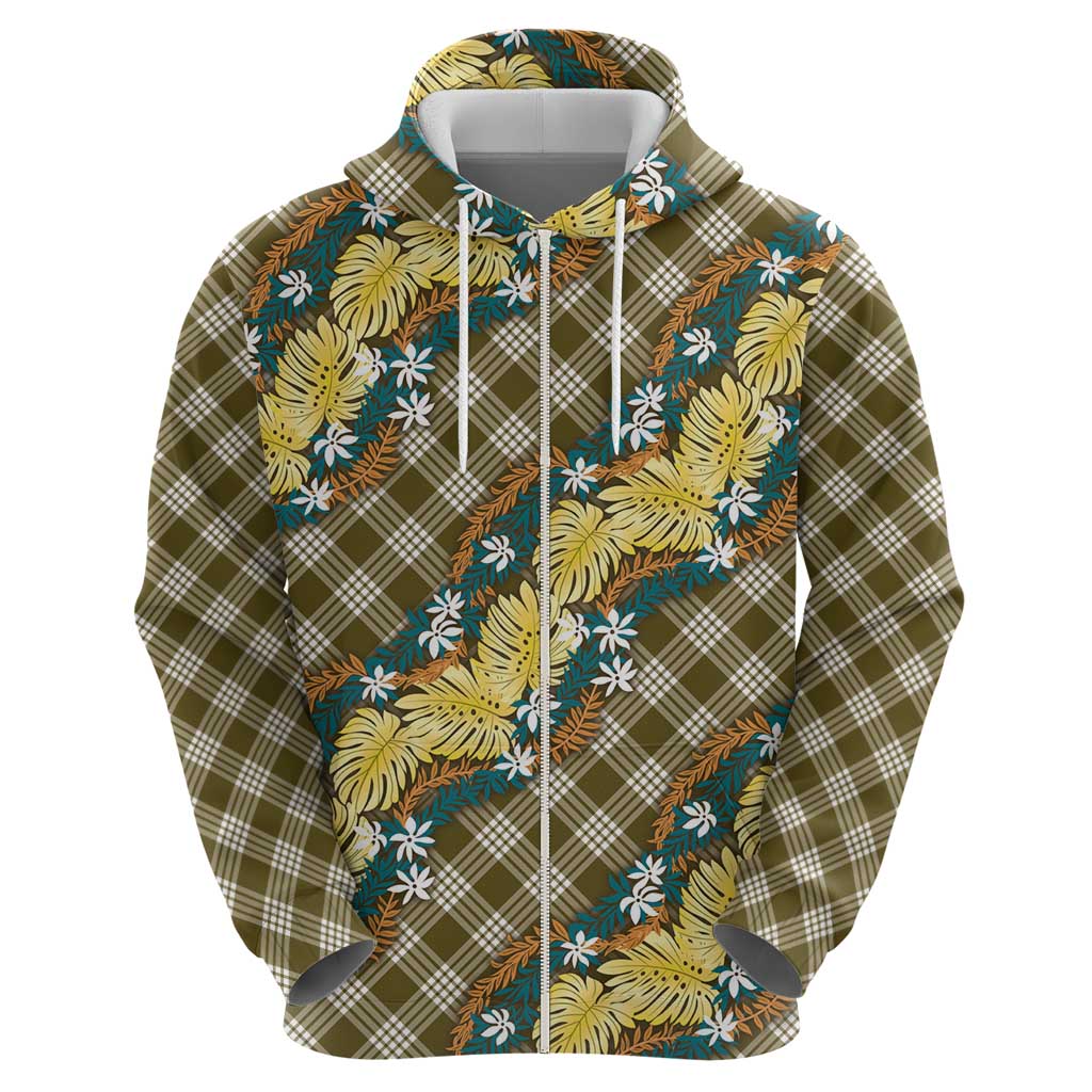 Polynesian Monstera Tiare Floral Zip Hoodie Yellow Tropical Plaid - Polynesian Pride