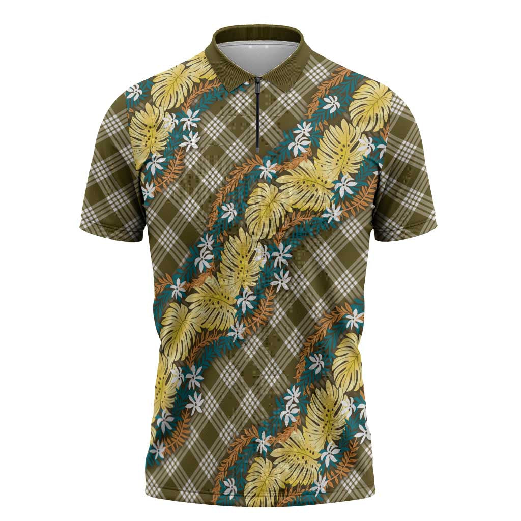 Polynesian Monstera Tiare Floral Zipper Polo Shirt Yellow Tropical Plaid - Polynesian Pride
