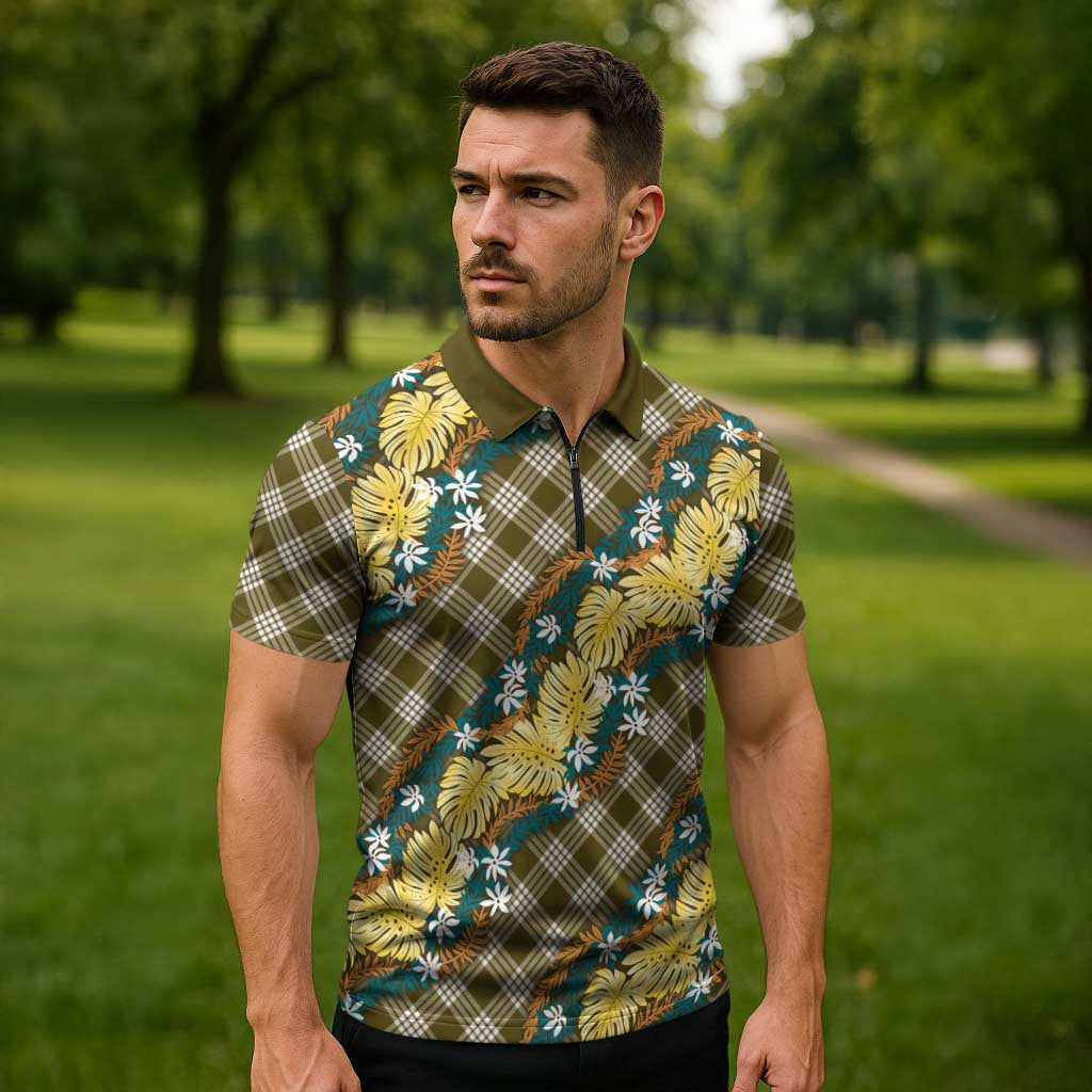 Polynesian Monstera Tiare Floral Zipper Polo Shirt Yellow Tropical Plaid - Polynesian Pride