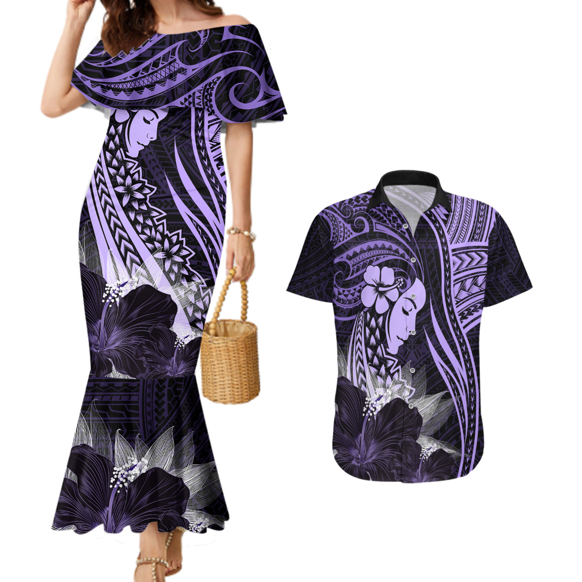 Polynesian Women Day 2024 Couples Matching Mermaid Dress and Hawaiian Shirt Hibiscus Girl Tribal LT01 Purple - Polynesian Pride