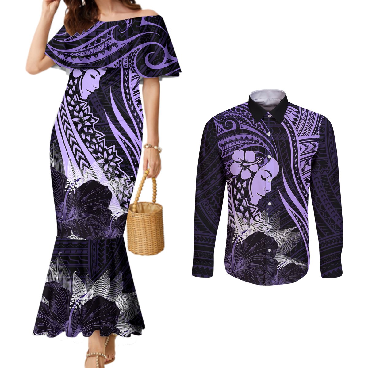 Polynesian Women Day 2024 Couples Matching Mermaid Dress and Long Sleeve Button Shirt Hibiscus Girl Tribal LT01 Purple - Polynesian Pride
