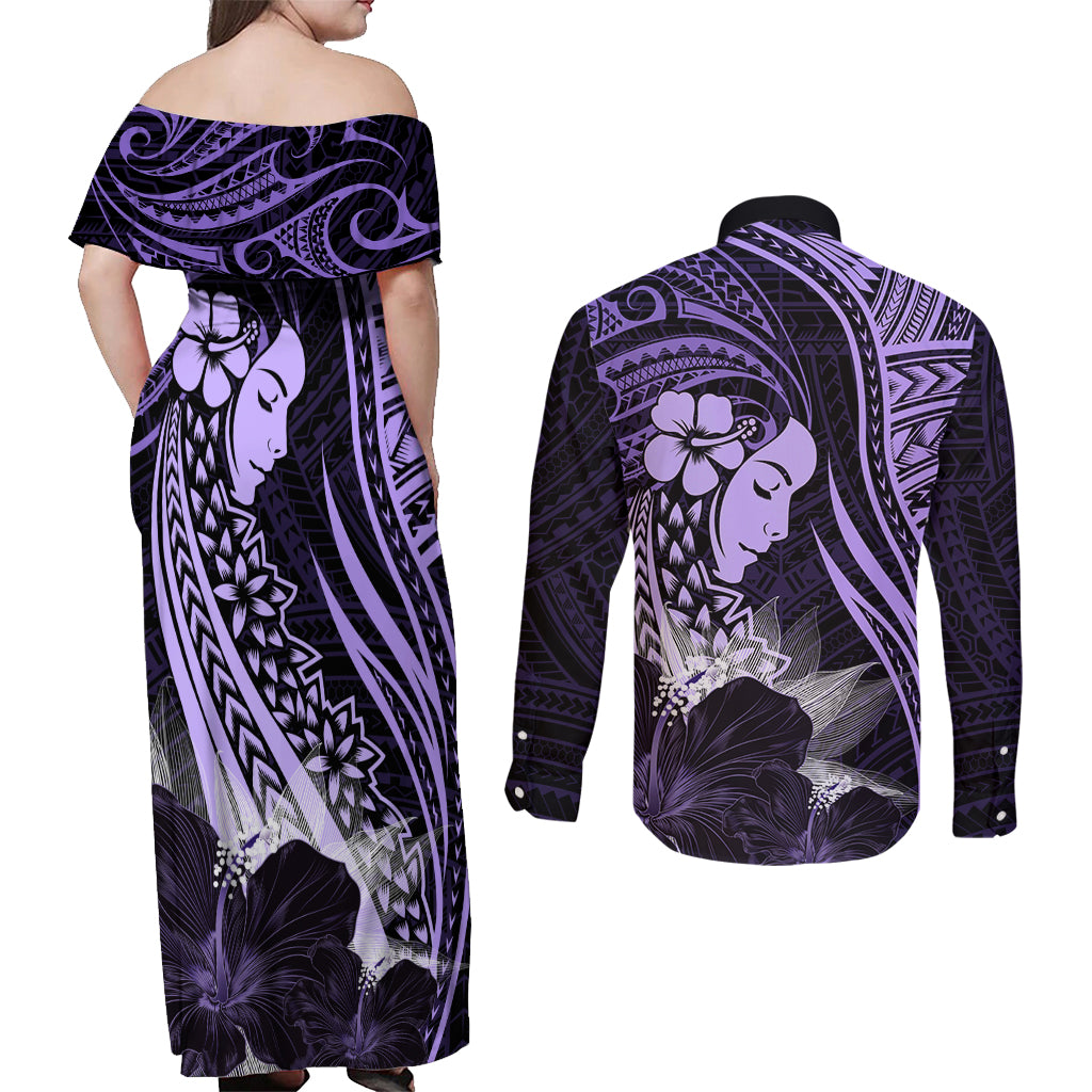Polynesian Women Day 2024 Couples Matching Off Shoulder Maxi Dress and Long Sleeve Button Shirt Hibiscus Girl Tribal LT01 - Polynesian Pride