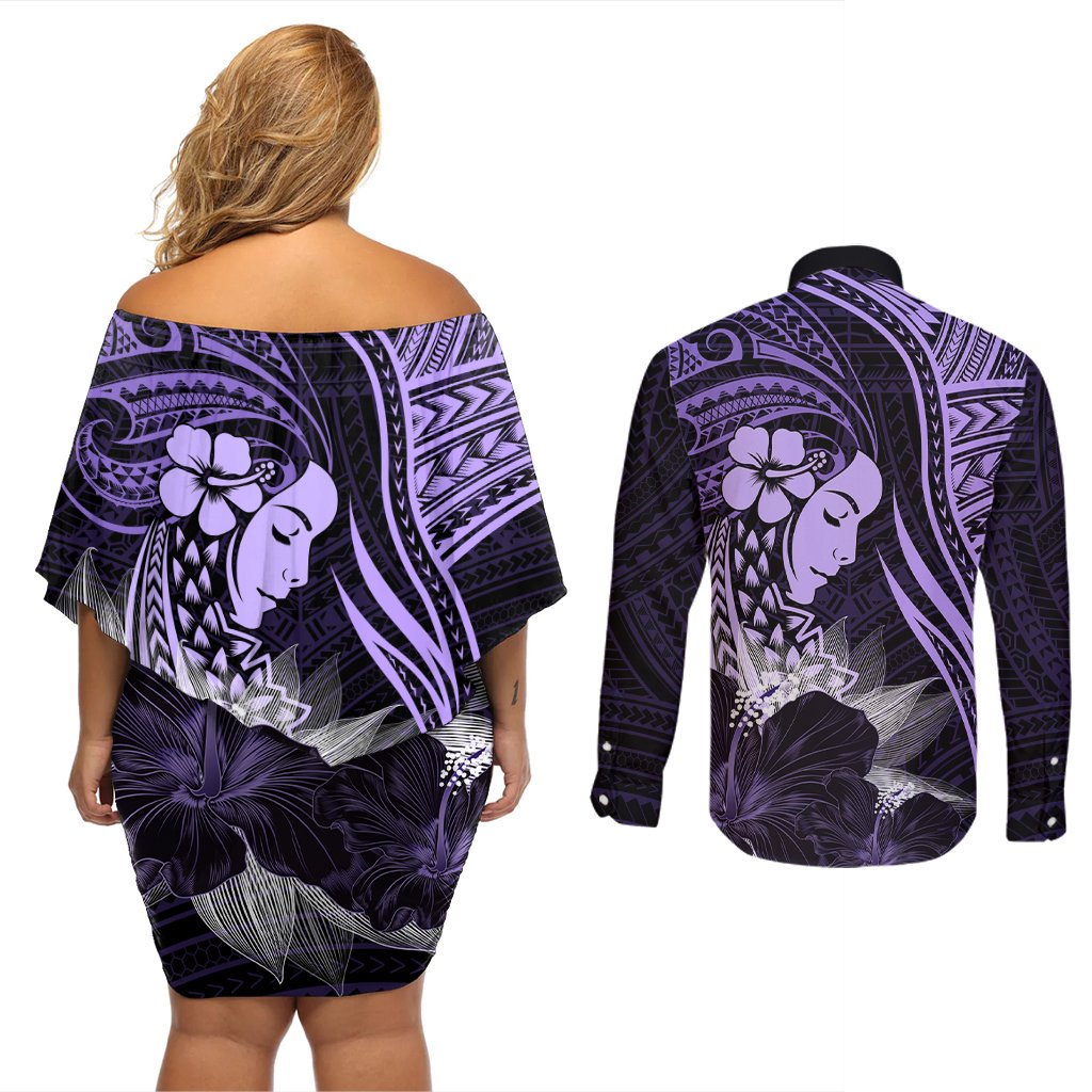 Polynesian Women Day 2024 Couples Matching Off Shoulder Short Dress and Long Sleeve Button Shirt Hibiscus Girl Tribal LT01 - Polynesian Pride